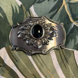 Vintage Raintree Silver Belt Buckle Western Scroll Black Gem Center 1980